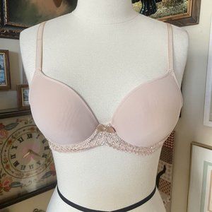 Wacoal Womens Lace Trim Tan Padded Underwire Bra Lingerie Pretty 36B #853317